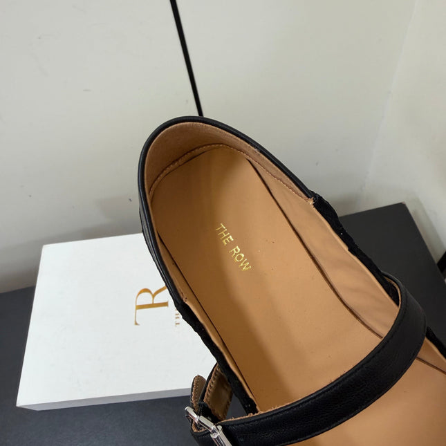 THE ROW 26S MARY JANE BALLET FLATS IN BLACK SUEDE AND CALFSKIN