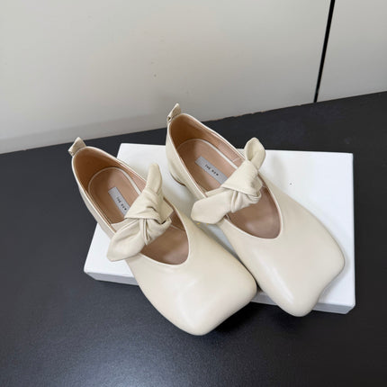 THE ROW 26S BALLET FLATS IN IVORY WHITE KNOT DETAIL CALFSKIN WITH SQUARE TOE