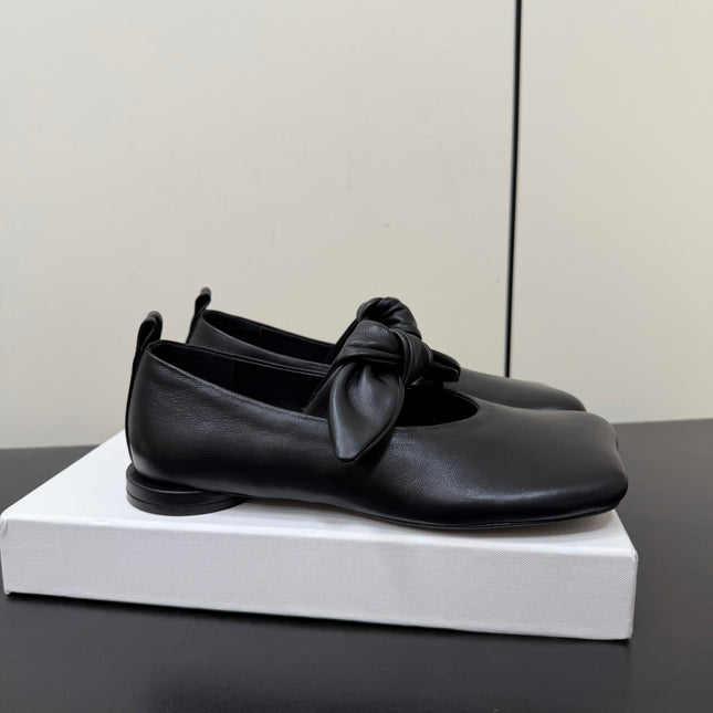 THE ROW 26S BALLET FLATS IN BLACK KNOT DETAIL CALFSKIN WITH SQUARE TOE