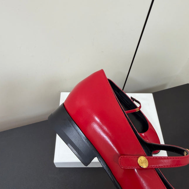 CELINE 26S MARY JANE FLATS IN DARK RED GLOSSY CALFSKIN GOLD HARDWARE