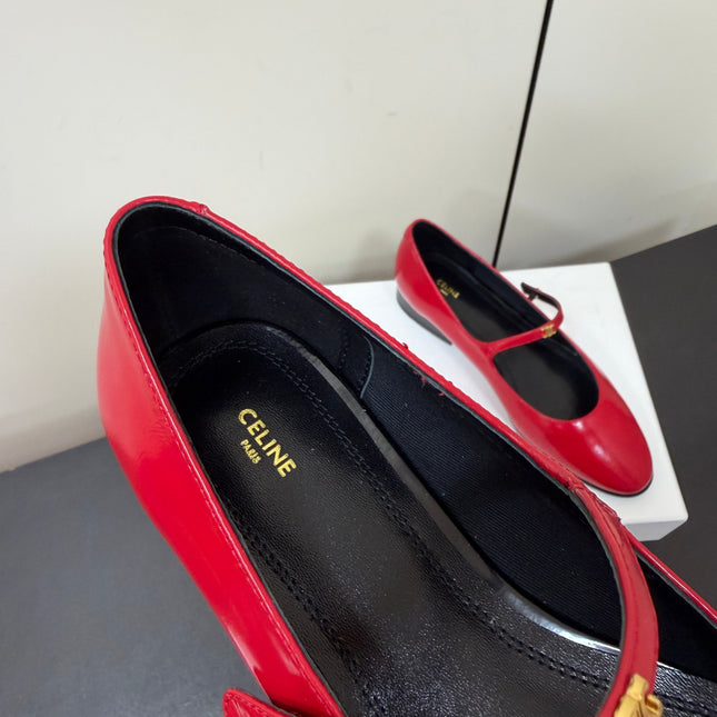 CELINE 26S MARY JANE FLATS IN DARK RED GLOSSY CALFSKIN GOLD HARDWARE