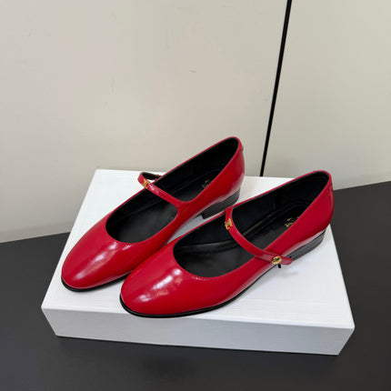 CELINE 26S MARY JANE FLATS IN DARK RED GLOSSY CALFSKIN GOLD HARDWARE