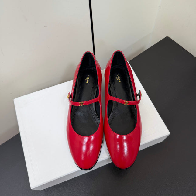 CELINE 26S MARY JANE FLATS IN DARK RED GLOSSY CALFSKIN GOLD HARDWARE