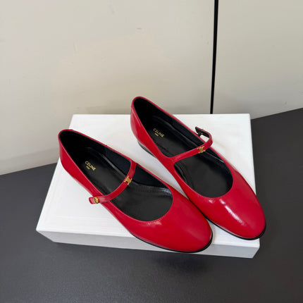 CELINE 26S MARY JANE FLATS IN DARK RED GLOSSY CALFSKIN GOLD HARDWARE