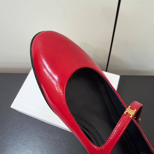 CELINE 26S MARY JANE FLATS IN DARK RED GLOSSY CALFSKIN GOLD HARDWARE
