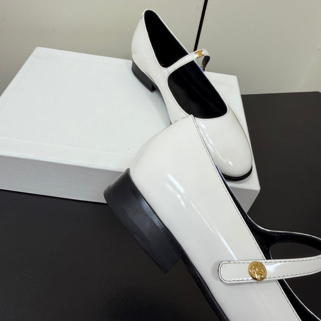 CELINE 26S MARY JANE FLATS IN WHITE GLOSSY CALFSKIN GOLD HARDWARE