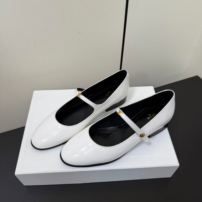 CELINE 26S MARY JANE FLATS IN WHITE GLOSSY CALFSKIN GOLD HARDWARE