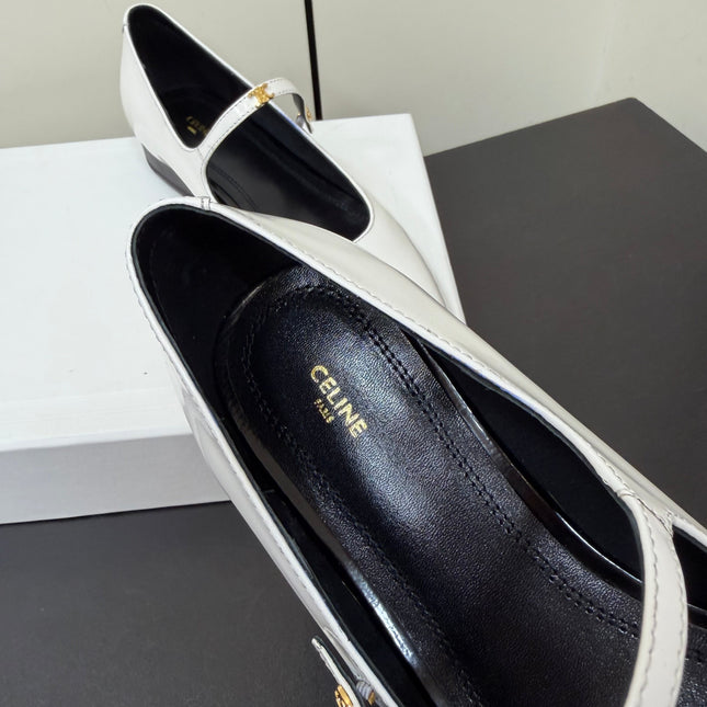 CELINE 26S MARY JANE FLATS IN WHITE GLOSSY CALFSKIN GOLD HARDWARE