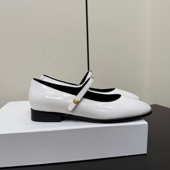 CELINE 26S MARY JANE FLATS IN WHITE GLOSSY CALFSKIN GOLD HARDWARE