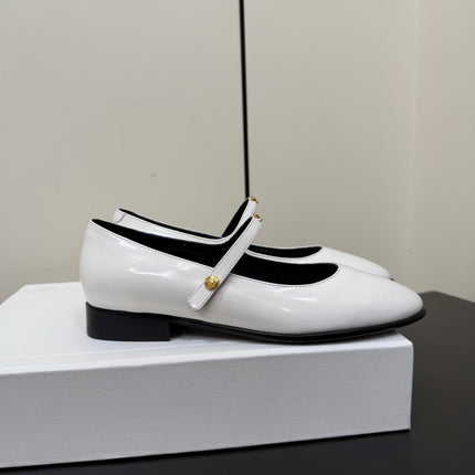 CELINE 26S MARY JANE FLATS IN WHITE GLOSSY CALFSKIN GOLD HARDWARE