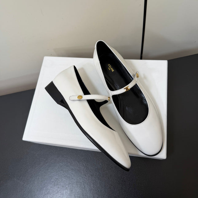 CELINE 26S MARY JANE FLATS IN WHITE GLOSSY CALFSKIN GOLD HARDWARE