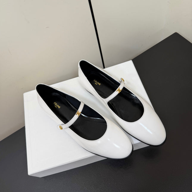 CELINE 26S MARY JANE FLATS IN WHITE GLOSSY CALFSKIN GOLD HARDWARE