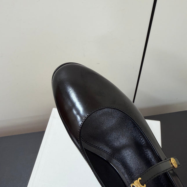 CELINE 26S MARY JANE FLATS IN BLACK GLOSSY CALFSKIN GOLD HARDWARE