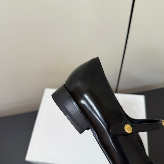CELINE 26S MARY JANE FLATS IN BLACK GLOSSY CALFSKIN GOLD HARDWARE