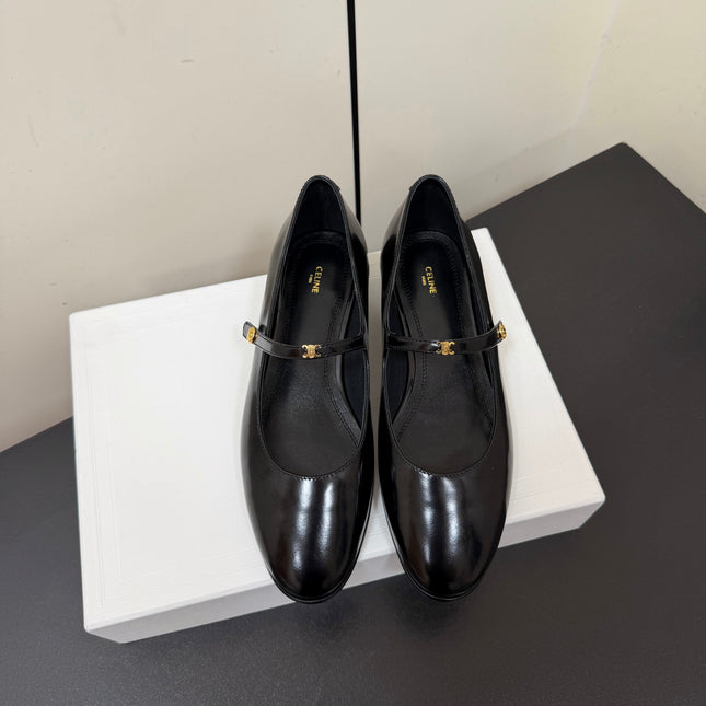 CELINE 26S MARY JANE FLATS IN BLACK GLOSSY CALFSKIN GOLD HARDWARE