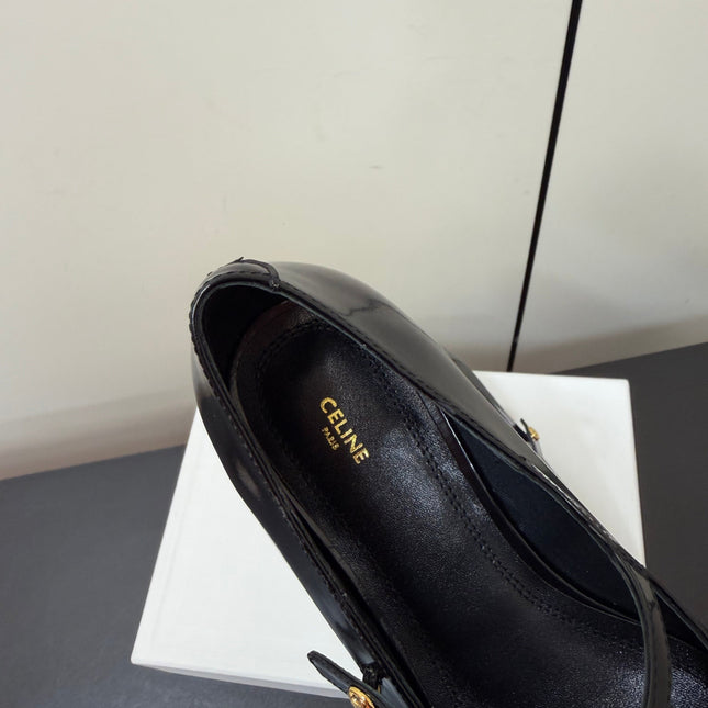 CELINE 26S MARY JANE FLATS IN BLACK GLOSSY CALFSKIN GOLD HARDWARE