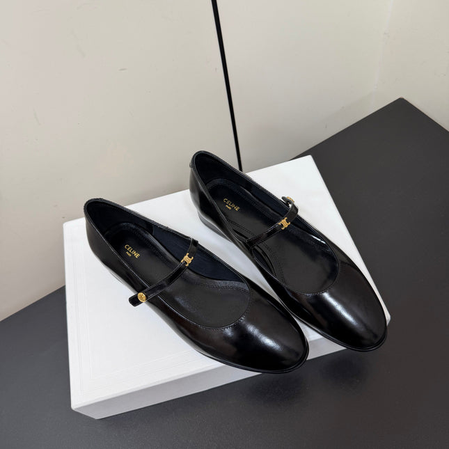 CELINE 26S MARY JANE FLATS IN BLACK GLOSSY CALFSKIN GOLD HARDWARE