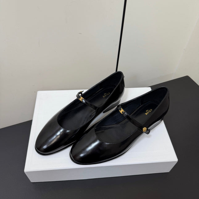 CELINE 26S MARY JANE FLATS IN BLACK GLOSSY CALFSKIN GOLD HARDWARE
