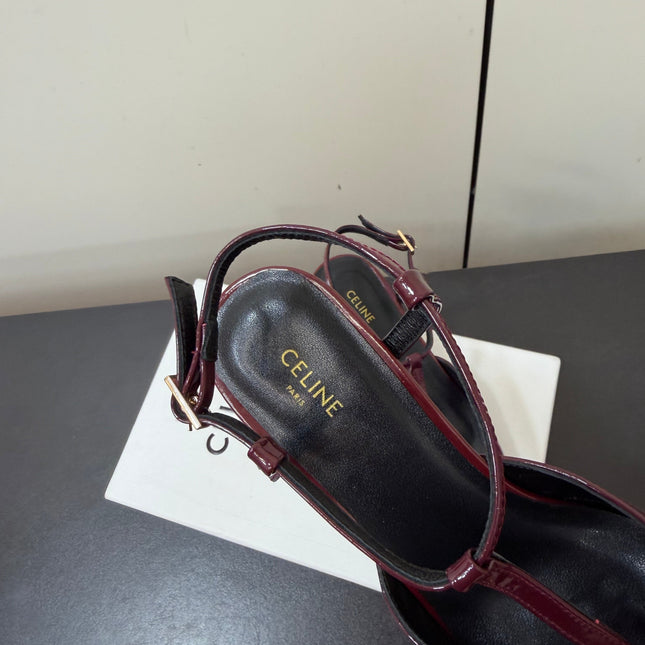 CELINE 26S TRIOMPHE T-STRAP SLINGBACK PUMPS IN BURGUNDY RED PATENT CALFSKIN