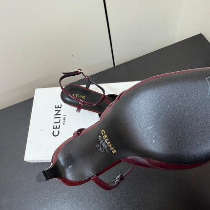 CELINE 26S TRIOMPHE T-STRAP SLINGBACK PUMPS IN BURGUNDY RED PATENT CALFSKIN