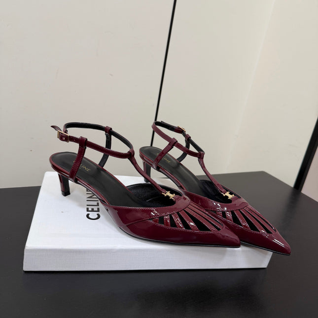 CELINE 26S TRIOMPHE T-STRAP SLINGBACK PUMPS IN BURGUNDY RED PATENT CALFSKIN