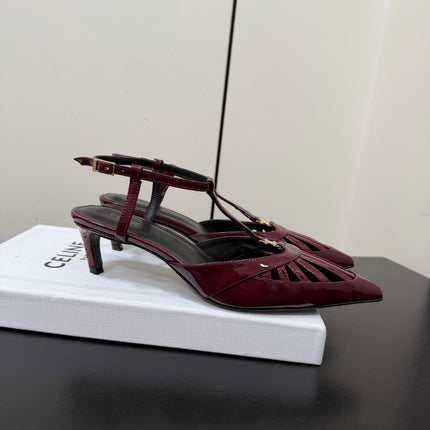 CELINE 26S TRIOMPHE T-STRAP SLINGBACK PUMPS IN BURGUNDY RED PATENT CALFSKIN