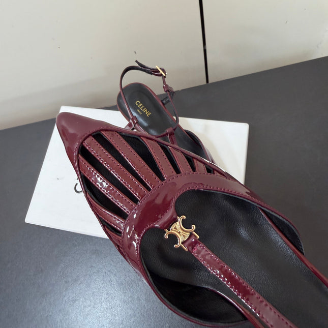 CELINE 26S TRIOMPHE T-STRAP SLINGBACK PUMPS IN BURGUNDY RED PATENT CALFSKIN