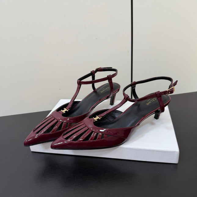 CELINE 26S TRIOMPHE T-STRAP SLINGBACK PUMPS IN BURGUNDY RED PATENT CALFSKIN