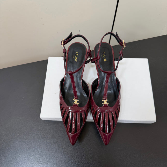 CELINE 26S TRIOMPHE T-STRAP SLINGBACK PUMPS IN BURGUNDY RED PATENT CALFSKIN