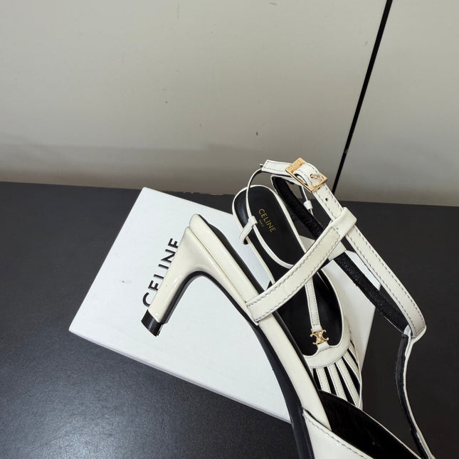 CELINE 26S TRIOMPHE T-STRAP SLINGBACK PUMPS IN WHITE PATENT CALFSKIN