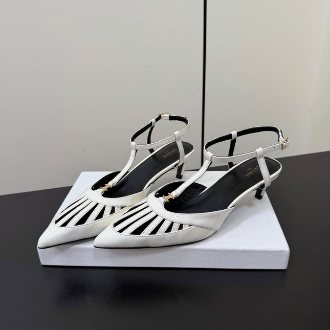 CELINE 26S TRIOMPHE T-STRAP SLINGBACK PUMPS IN WHITE PATENT CALFSKIN