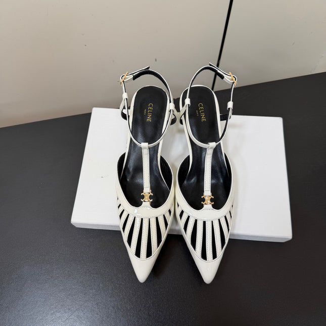 CELINE 26S TRIOMPHE T-STRAP SLINGBACK PUMPS IN WHITE PATENT CALFSKIN