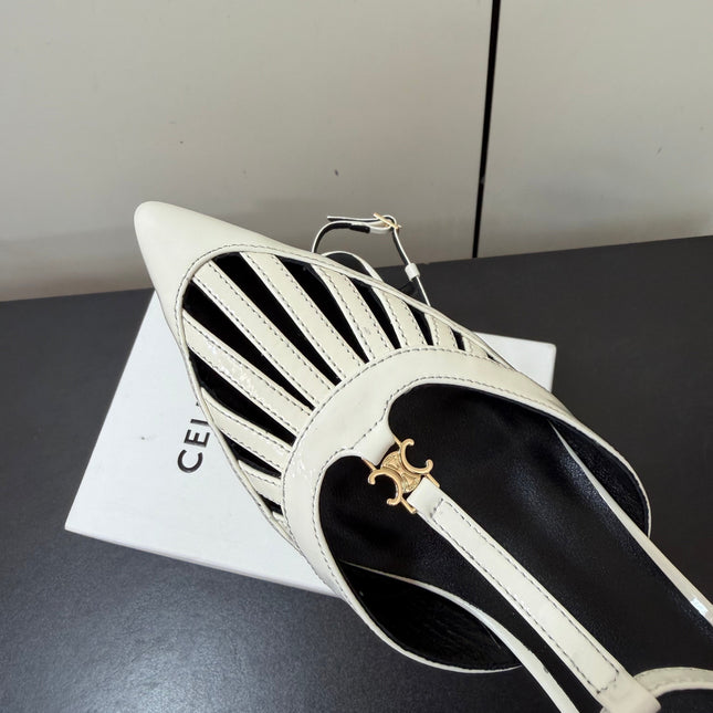 CELINE 26S TRIOMPHE T-STRAP SLINGBACK PUMPS IN WHITE PATENT CALFSKIN