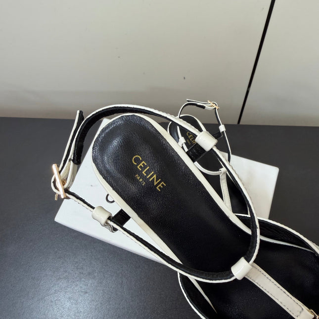 CELINE 26S TRIOMPHE T-STRAP SLINGBACK PUMPS IN WHITE PATENT CALFSKIN