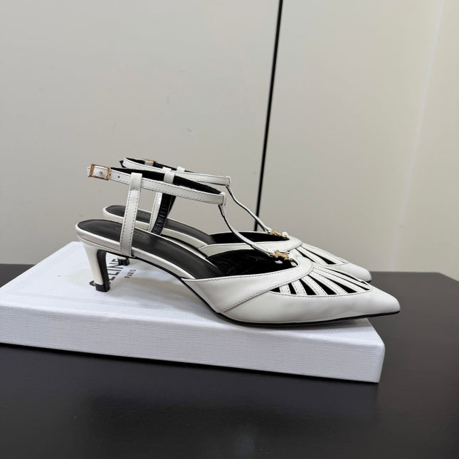 CELINE 26S TRIOMPHE T-STRAP SLINGBACK PUMPS IN WHITE PATENT CALFSKIN