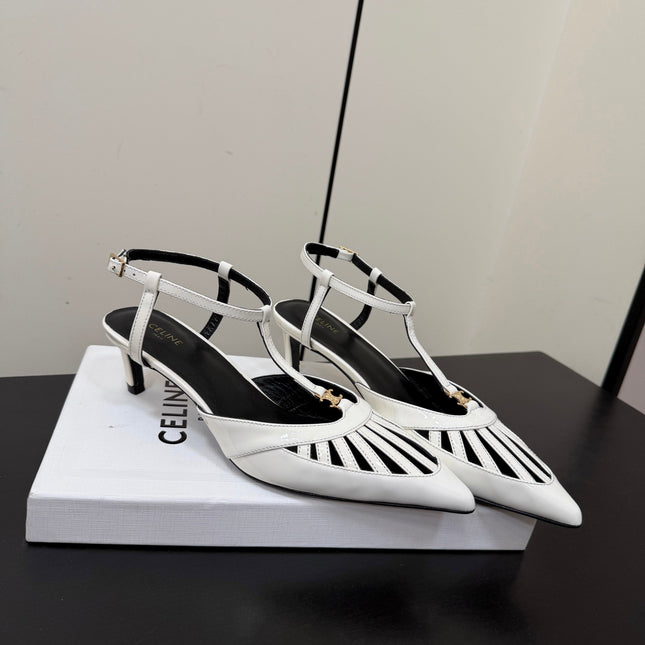 CELINE 26S TRIOMPHE T-STRAP SLINGBACK PUMPS IN WHITE PATENT CALFSKIN