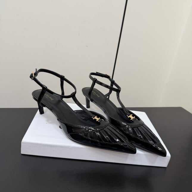 CELINE 26S TRIOMPHE T-STRAP SLINGBACK PUMPS IN BLACK PATENT CALFSKIN