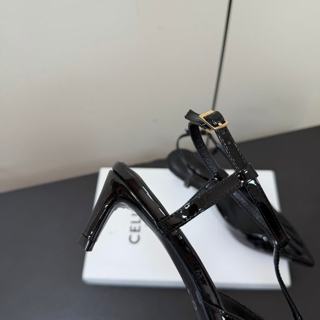 CELINE 26S TRIOMPHE T-STRAP SLINGBACK PUMPS IN BLACK PATENT CALFSKIN