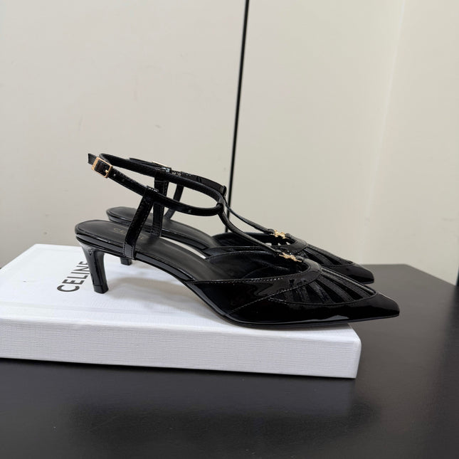 CELINE 26S TRIOMPHE T-STRAP SLINGBACK PUMPS IN BLACK PATENT CALFSKIN