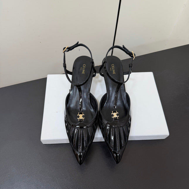CELINE 26S TRIOMPHE T-STRAP SLINGBACK PUMPS IN BLACK PATENT CALFSKIN