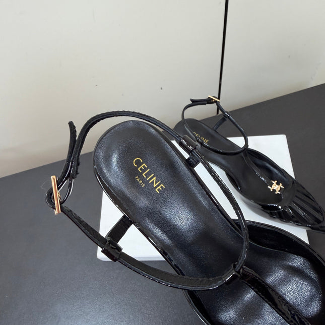 CELINE 26S TRIOMPHE T-STRAP SLINGBACK PUMPS IN BLACK PATENT CALFSKIN