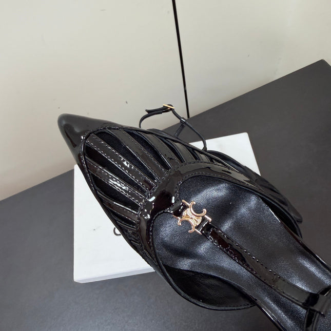 CELINE 26S TRIOMPHE T-STRAP SLINGBACK PUMPS IN BLACK PATENT CALFSKIN
