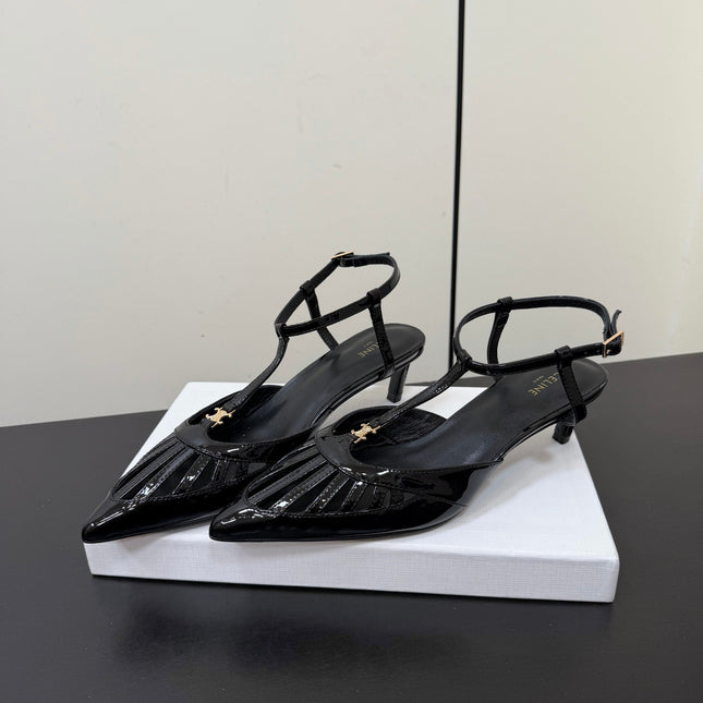 CELINE 26S TRIOMPHE T-STRAP SLINGBACK PUMPS IN BLACK PATENT CALFSKIN