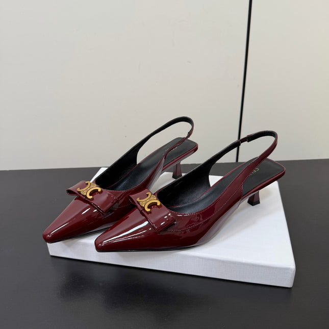CELINE 26S TRIOMPHE SLINGBACK PUMPS IN BURGUNDY RED PATENT CALFSKIN GOLD HARDWARE