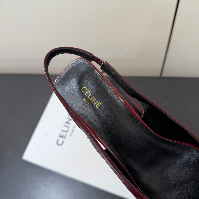 CELINE 26S TRIOMPHE SLINGBACK PUMPS IN BURGUNDY RED PATENT CALFSKIN GOLD HARDWARE