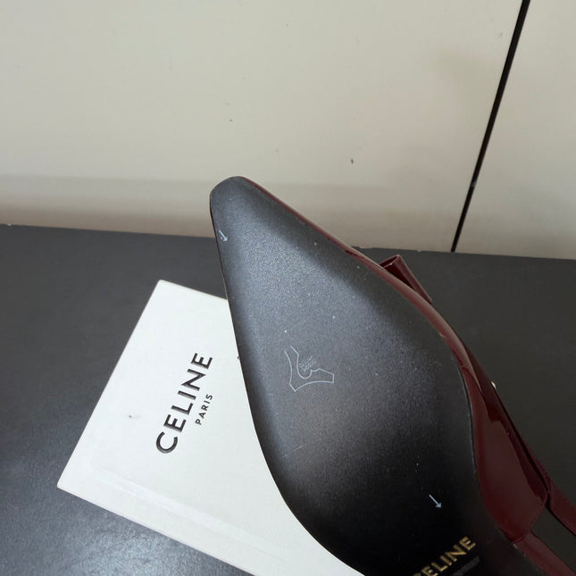 CELINE 26S TRIOMPHE SLINGBACK PUMPS IN BURGUNDY RED PATENT CALFSKIN GOLD HARDWARE