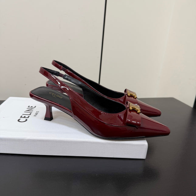 CELINE 26S TRIOMPHE SLINGBACK PUMPS IN BURGUNDY RED PATENT CALFSKIN GOLD HARDWARE