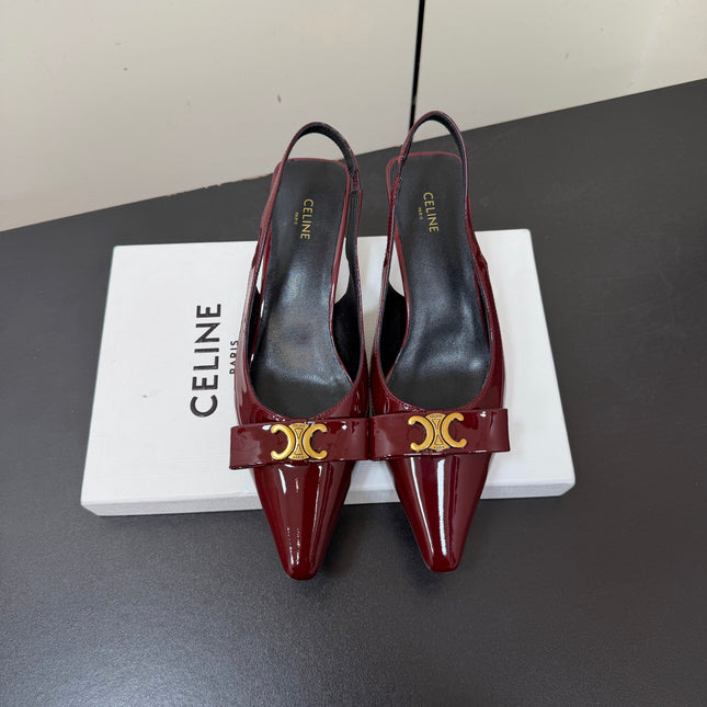 CELINE 26S TRIOMPHE SLINGBACK PUMPS IN BURGUNDY RED PATENT CALFSKIN GOLD HARDWARE