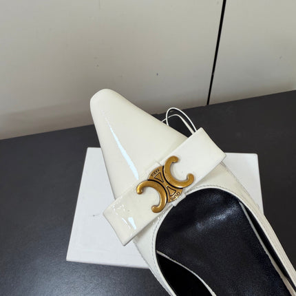 CELINE 26S TRIOMPHE SLINGBACK PUMPS IN WHITE PATENT CALFSKIN GOLD HARDWARE