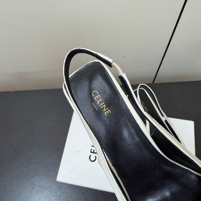 CELINE 26S TRIOMPHE SLINGBACK PUMPS IN WHITE PATENT CALFSKIN GOLD HARDWARE